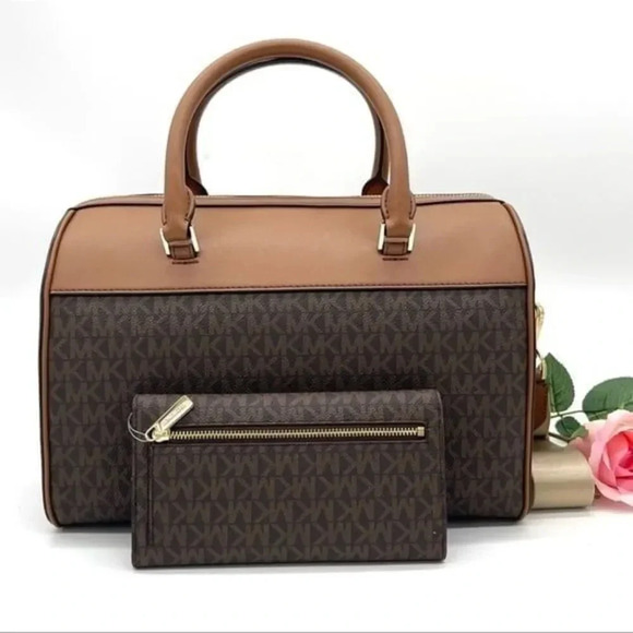 Michael Kors Medium Duffle Satchel Crossbody Bag & Trifold Wallet Brown - Picture 3 of 11